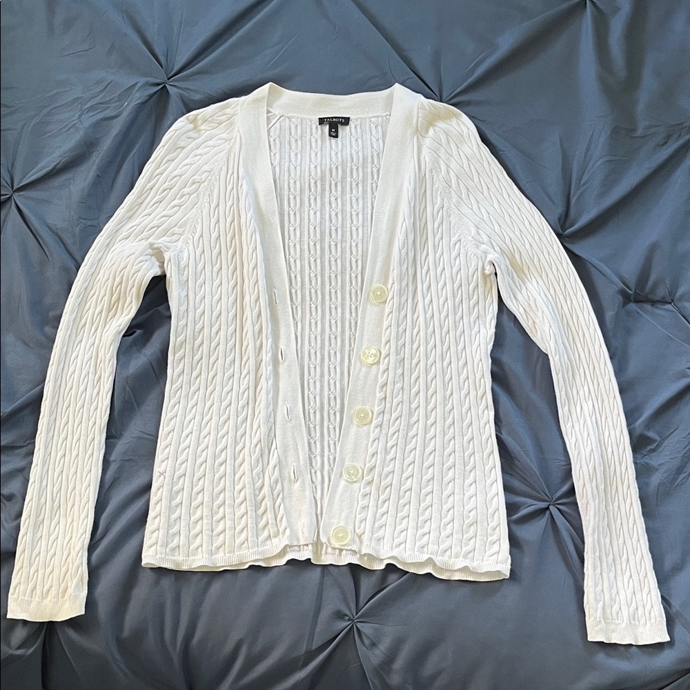 Talbots White Cable Knit Cardigan Sweater M
